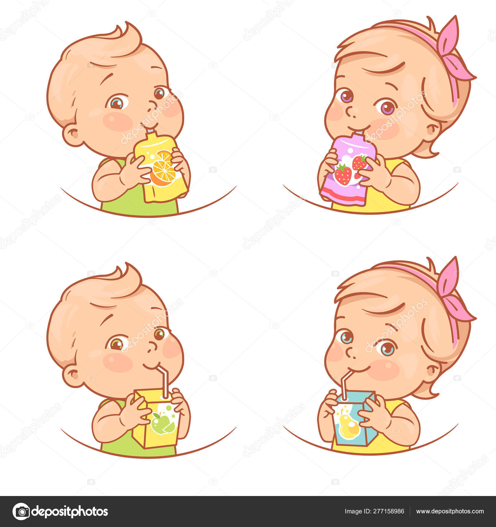 Little Girl Boy Drink Juice Eat Fruit Puree Kids Healthy Stock Vector