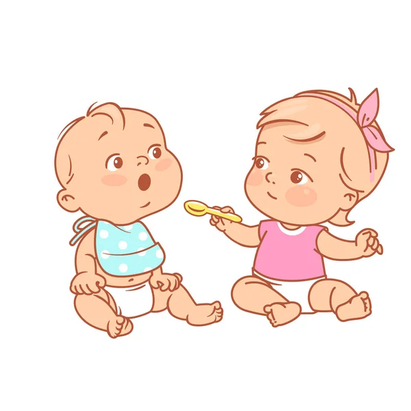 小女孩喂男孩 女婴拿着勺子 给食物熊 孩子们坐在厨房玩耍 彩色矢量插图 孩子们假装吃饭女孩和男孩在尿布 婴儿营养概念 — 图库矢量图片