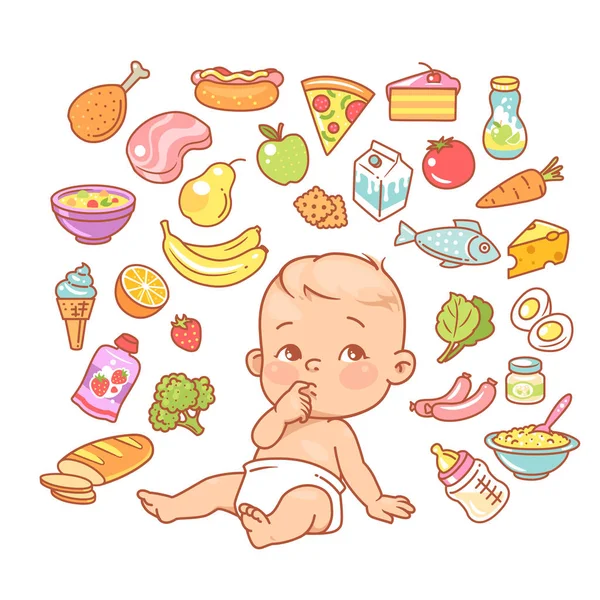 Cute Little Baby Diaper Looking Curios Child Finger Mouth Choosing — Stock Vector