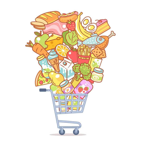 Supermarket cart full of food. Shopping in mall. — Stock Vector