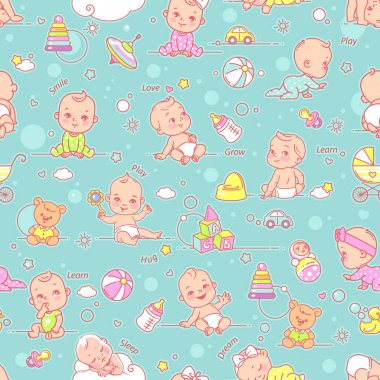 Küçük bebek, çocuk nesneleri ve oyuncaklar sorunsuz desen.