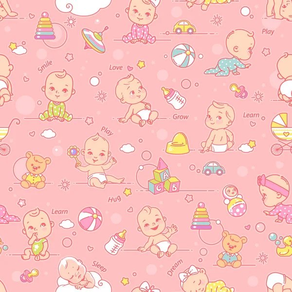 Little baby, child objects and toys seamless pattern. — Stock Vector