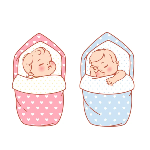 Nouveau-né dormir bébé fille et garçon en lange, couverture . — Image vectorielle