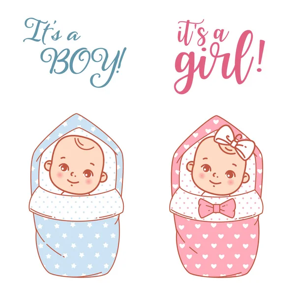 Baby zuhany design. Újszülött kislány és a fiú a swaddle, takaró. — Stock Vector