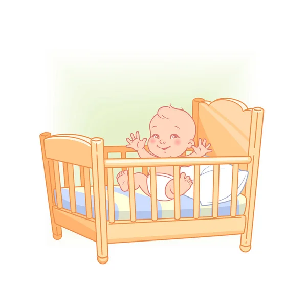 かわいい赤ちゃんがベッドに座っています おむつでかわいい子供が目を覚ます 遊び心のある赤ちゃん 健康的な睡眠 ベージュのベッド 白い枕 シーツが備わります 幸せな赤ちゃんの笑顔 ベッドの近くのおもちゃ キッズルームよカラーベクトルイラスト — ストックベクタ