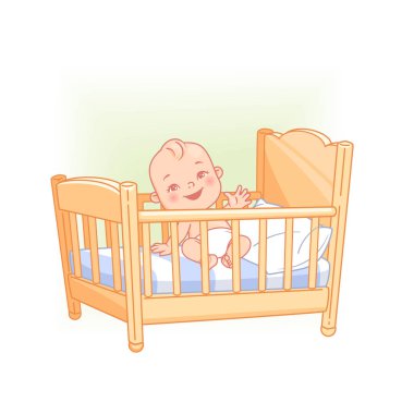 Sevimli küçük bebek yatakta otur. Bebek beziyle uyanan güzel bir çocuk. Bebek el sallıyor. Sağlıklı uyku. Bej yatak, beyaz yastık ve çarşaf. Mutlu bebek gülümsemesi. Yatağın yanında oyuncaklar. Çocuk odası. Renk vektör illüstrasyonu.