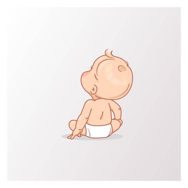 Bebek bezi içinde sevimli küçük bir bebek yukarı bakıyor. 6 aydan yıla kadar aktif bebek, arkadan görünümü. Çocuğun ilk yılı. Sağlıklı bebek oyunu. Beyaz arka planda yalıtılmış vektör çizimi.