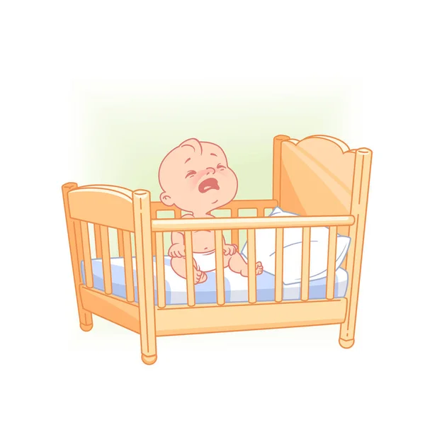 Lindo pequeño bebé sentarse despierto llorando en cama . — Vector de stock