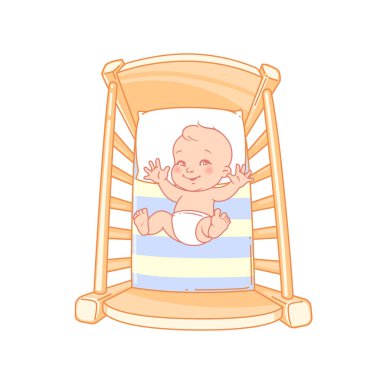 Sevimli küçük bebek erkek ya da beşik kız. Çocuk yatakta oynarken yatıyordu, uykusuzluk. Bebek bezinde bebek. Geceleri sağlıklı bir uyku. Uyku zamanı, uyanma saatleri. Bebek uyku problemleri. Renk vektör illüstrasyonu.