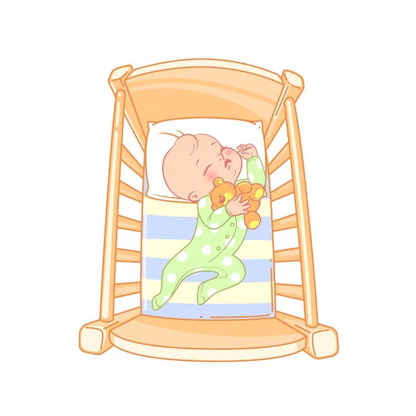 可爱的小男孩或女孩在婴儿床 孩子躺在床上和玩具熊 睡得安稳 婴儿在尿布 晚上睡个好觉 睡觉时间 醒时间 婴儿睡眠问题 颜色矢量插图 — 图库矢量图片