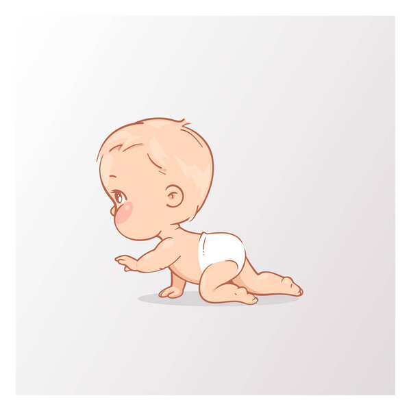Cute little baby boy in diaper. Active baby of age from 6 months to year learn to crawl, walk. Childhood. First year of child. Healthy baby play.Vector illustration isolated on white background.