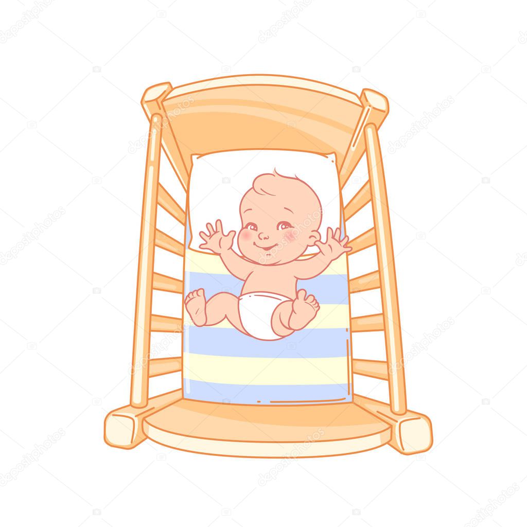 Cute little baby boy or girl  in crib. Kid lay in bed playing, no sleep . Baby in diaper. Healthy sleep at night. Sleeping time, wake hours. Baby sleep problems. Color vector illustration.