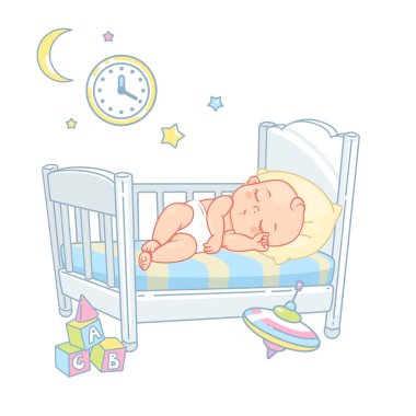 Sevimli küçük bebek yatakta uyu. Geceleri bebek bezi uykusunda uyuyan güzel bir çocuk. Sağlıklı uyku. Beyaz yatak, yastık ve çarşaflar. Oyuncak ayı ve oyuncakları olan tatlı kız bebek. Çocuk odası. Renk vektör illüstrasyonu.