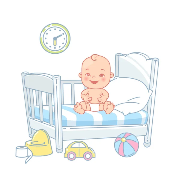かわいい赤ちゃんがベッドに座っています おむつでかわいい子供が目を覚ます 健康的な睡眠 白いベッド シーツ 幸せな赤ちゃんの笑顔 ベッドの近くのおもちゃ キッズルームよカラーベクトルイラスト — ストックベクタ