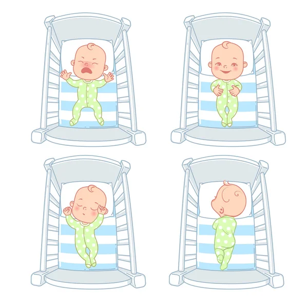ベビーベッドの中の赤ちゃん異なる感情を持つベッドの中の子供 落ち着いて 幸せな子 夜は眠れ睡眠時間 起床時間 赤ちゃんの睡眠の問題 ベクトルイラストのセット — ストックベクタ