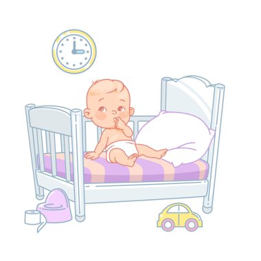 Yatakta oturan sevimli küçük bebek. Bebek bezi olan güzel çocuk uyumaz. Uyku problemleri. Beyaz yatak, yastık ve çarşaflar. Oyuncakları olan tatlı erkek ya da kız. Çocuk odası. Renk vektör illüstrasyonu.