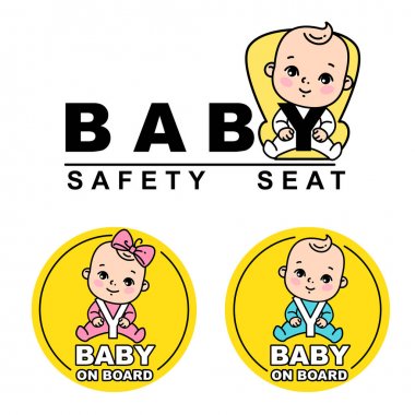 Bebek araba koltuğunda oturuyor. Bebek gemide logo türü. Bebek güvenlik koltuğu amblemi. Araba için etiket. Bebek gemide simgesi. Araba sembolü çocuk güvenlik sürücü. Vektör çizimleri kümesi. Mutlu çocuk gülümseme. 