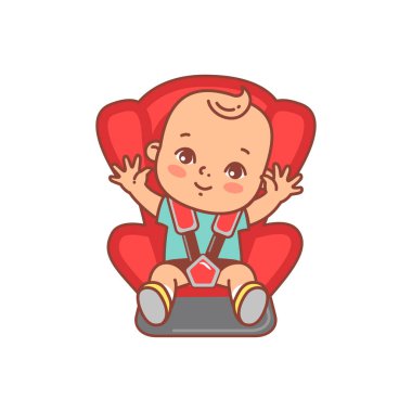 Bebek araba koltuğuna oturuyor. Araba için Sticker. Bebek kurulu simgesi. Araba sembolündeki çocuk emniyeti sürücüsü. Araba için Sticker. Bebek gemide uyarı. Renk vektör Illustration. Mutlu çocuk gülümseme. 