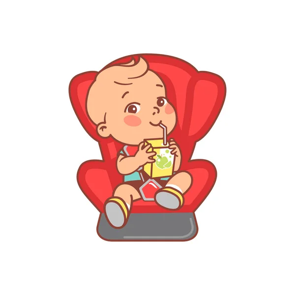 Barn Sitter Bilbarnstolen Baby Pojke Bil Säkerhet Seat Dricka Saft — Stock vektor