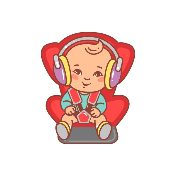 Dziecko Siedzi Fotelu Samochodu Spokojny Napęd Dla Niemowląt Słuchanie Muzyki — Wektor stockowy