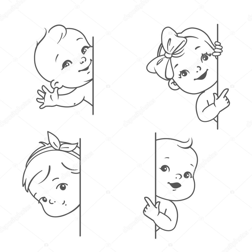 Baby Boy And Girl With Blank Frame Smiling Toddler For Logotype Template Outline Sketch Monochrome Style Cute Little Baby Look Out Wave Hand Pointing Finger Healthy Child With Plant Text Bubble
