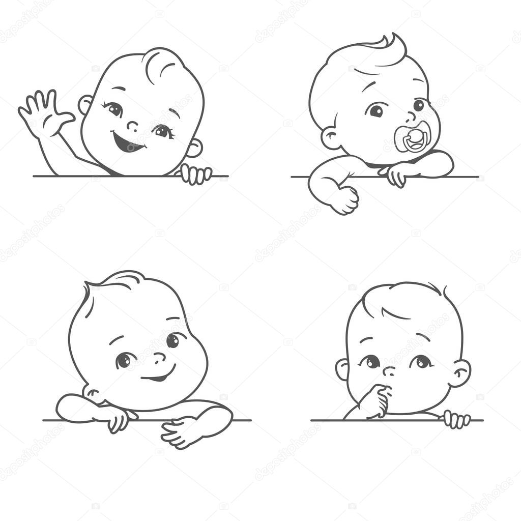 Baby Boy And Girl With Blank Frame Smiling Toddler For Logotype Template Outline Sketch Monochrome Style Cute Little Baby Look Out Wave Hand Pointing Finger Healthy Child With Plant Text Bubble