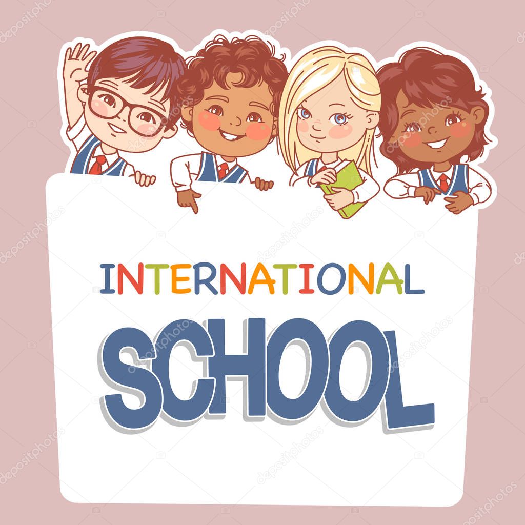 Children hold banner. Multinational kids smiling, holding books. Girls and boys of diverse nations back to school. International school design. Caucasian, asian, african, hispanic.Vector illustration.