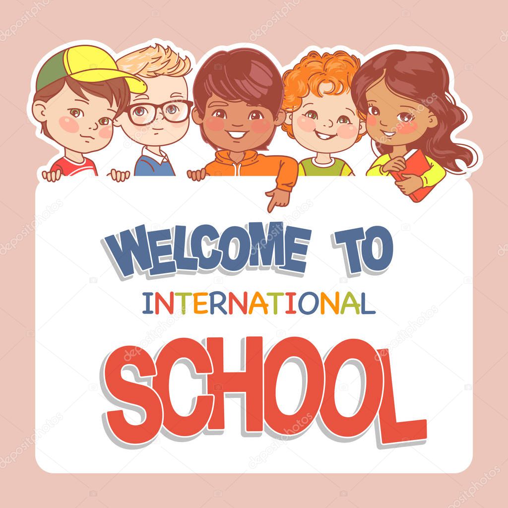 Children hold banner. Multinational kids smiling, holding books. Girls and boys of diverse nations back to school. International school design. Caucasian, asian, african, hispanic.Vector illustration.