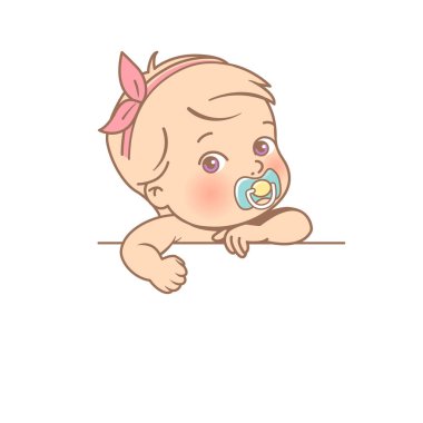 Elinde boş metin öğesi ile sevimli küçük gülümseyen bebek. Logo türü için tasarım şablonu. Emzikli küçük kız. Toddler portre. Afiş ile sevimli küçük bebek kız. Vektör renk illüstrasyon.