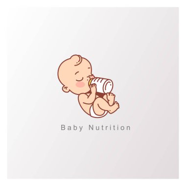 Little baby boy in diaper drinking milk or formula. Baby with bottle. Healthy nutrition for newborn child. Template for logotype for healthy food, baby nutrition. Child eat. Color vector illustration. clipart