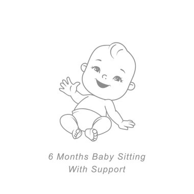 Altı aylık küçük bebek. İlk yıl bebek gelişim aşamaları. Sevimli küçük bebek erkek ya da bebek bezi oturan kız. Kabataslak el çizilmiş tarzı. Oyuncaklar ve nesnelerile arka plan. Vektör çizimi. 