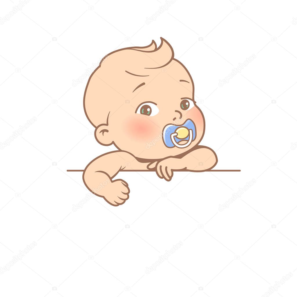 Cute little smiling baby with blank text element in hands. Template for logotype design. Baby boy with pacifier. Toddler portrait. Cute little baby boy with banner. Vector color illustration.
