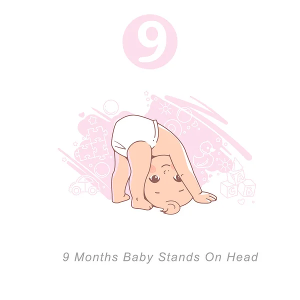 Little baby of 9 month.  Physical, emotional development milestones in first year. Cute little baby boy or girl  in diaper stand on head. Infographics  with text. Vector illustration.