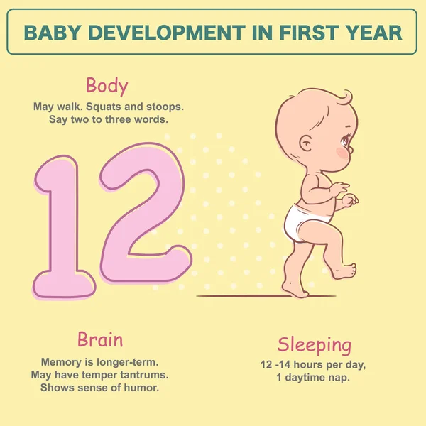 개월의 신체적 정서적 이정표 귀여운 기저귀 산책에 단계입니다 텍스트가 인포그래픽 — 스톡 벡터