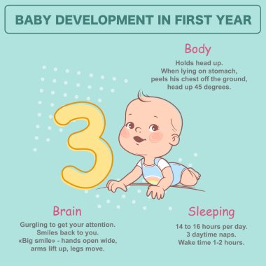 12 aylık küçük bebek. İlk yıl fiziksel, duygusal gelişim inancında. Bebek bezi tutun baş sevimli küçük bebek erkek veya kız. İlk yıl. Metin ile infographics. Vektör çizimi.