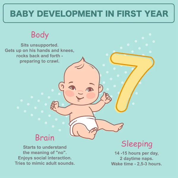 7个月大的婴儿婴儿身体 情感发展里程碑在第一年 可爱的小男孩或女孩在尿布坐在不支持 带有文本的信息图 矢量插图 — 图库矢量图片