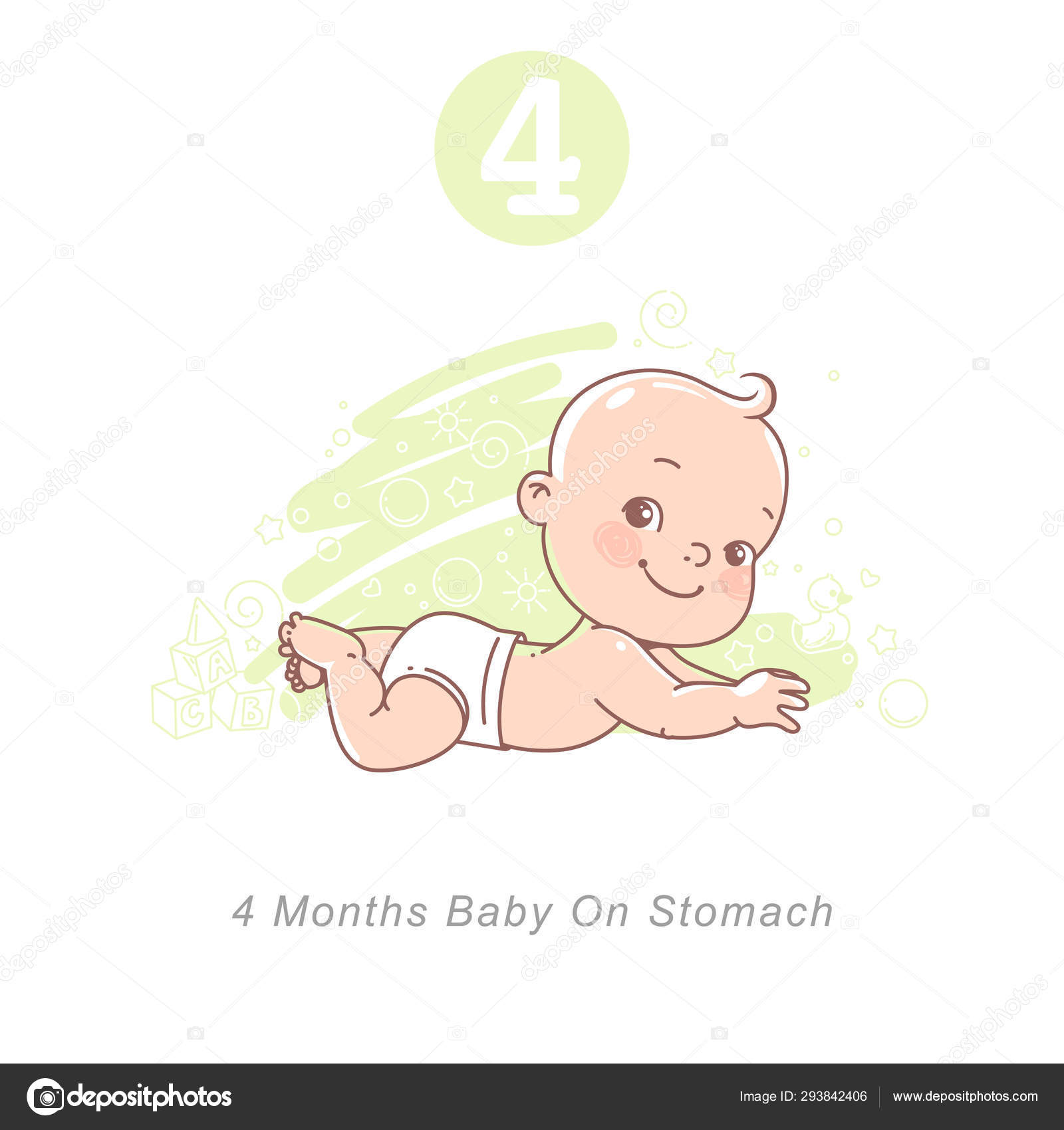4ヶ月の赤ちゃん1年目の赤ちゃんの発達段階 かわいい男の子や女の子が胃の上に横たわって 頭を上げる スケッチ手描きのスタイル おもちゃやオブジェクトを持つ背景 ベクトルイラスト ストックベクター C Natoushe