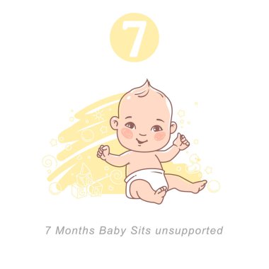 Little baby of 7 month. baby development milestones in first year. Cute little baby boy or girl  in diaper sitting unsupported.Sketchy style. Background with toys and objects. Vector illustration.  clipart