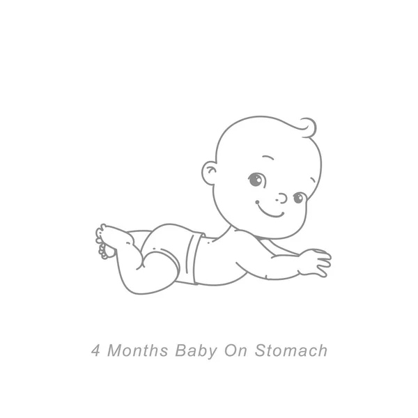 Little baby of 4 month. Baby development stages in first year. Cute little baby boy or girl lying on stomach, head up. Sketchy hand drawn style. Background with toys and objects. Vector illustration.