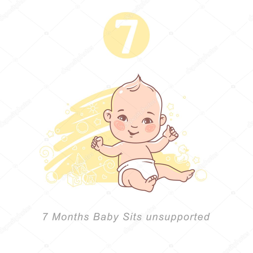Little baby of 7 month. baby development milestones in first year. Cute little baby boy or girl  in diaper sitting unsupported.Sketchy style. Background with toys and objects. Vector illustration. 