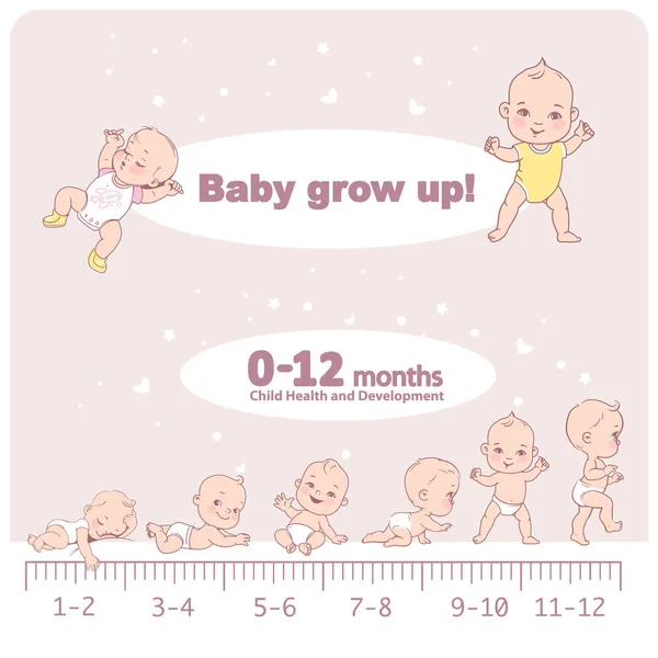 Crecimiento del bebé de recién nacido a una escala de niños pequeños con meses . — Vector de stock