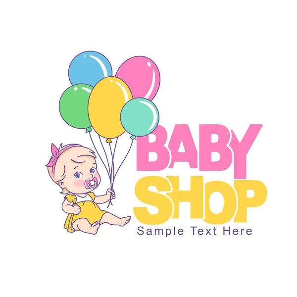 Baby girl with balloons. Baby shop logotype. — Stock Vector