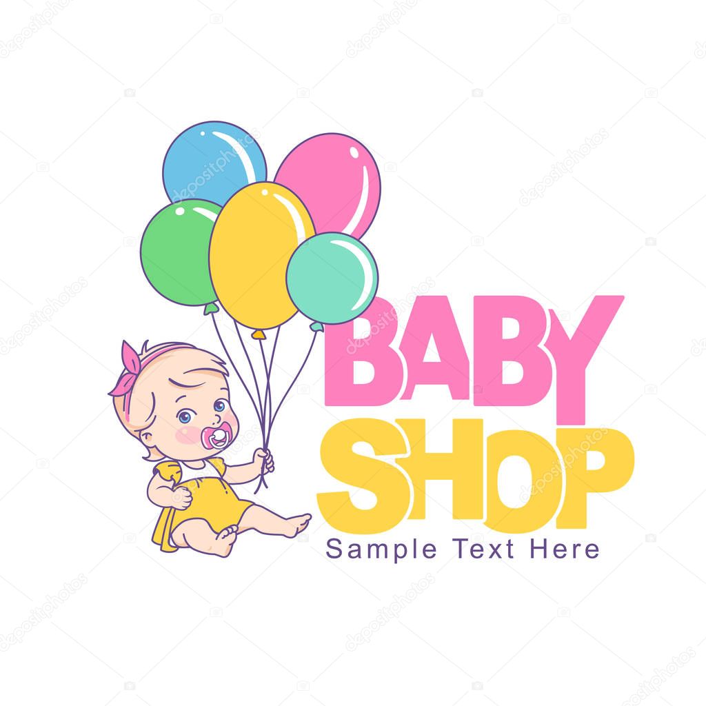 Baby girl with balloons. Baby shop logotype.