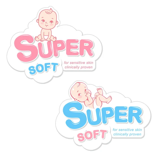 Diaper, wet wipes, soap logo template. Baby in diaper emblem — Stock Vector