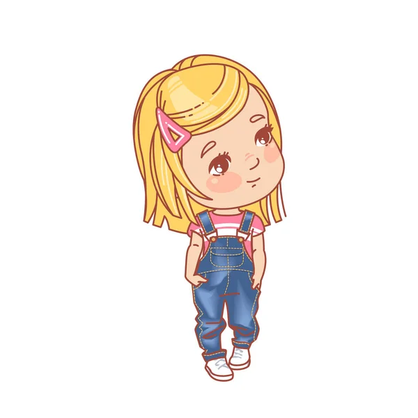 Little girl wearing jeans. Girl of 5-10 years with blonde hair standing. — Stock Vector
