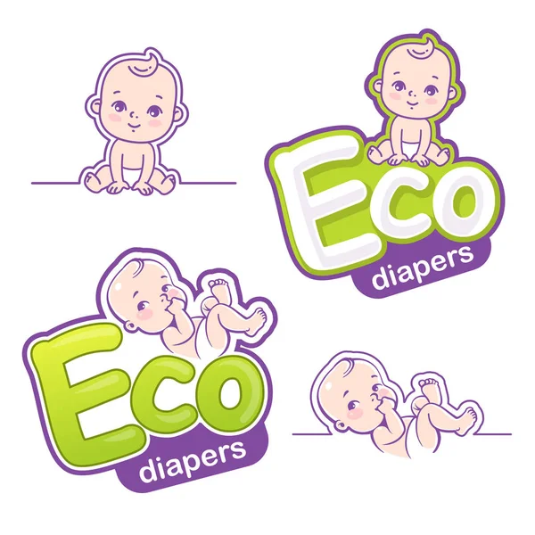 Design-Vorlage für Babypflege. Schriftzug mit niedlichem Baby in Windel. — Stockvektor