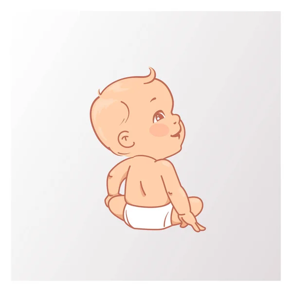 Bebek bezi oturan sevimli küçük bebek. Arkadan görüntüle. — Stok Vektör