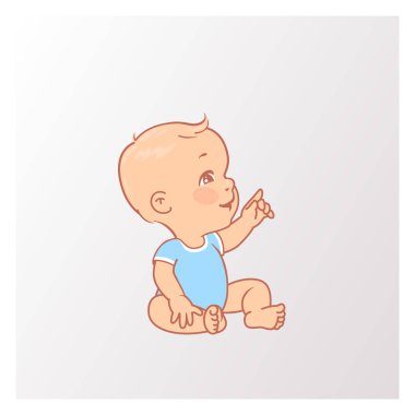 Bebek bezi oturan Sevimli küçük bebek çocuk, parmak ile işaret.