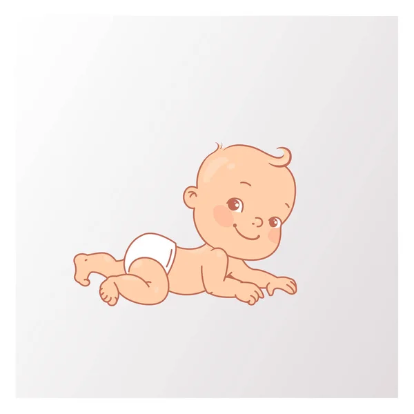 Lindo bebé niño o niña en pañal acostado sobre su estómago . — Vector de stock