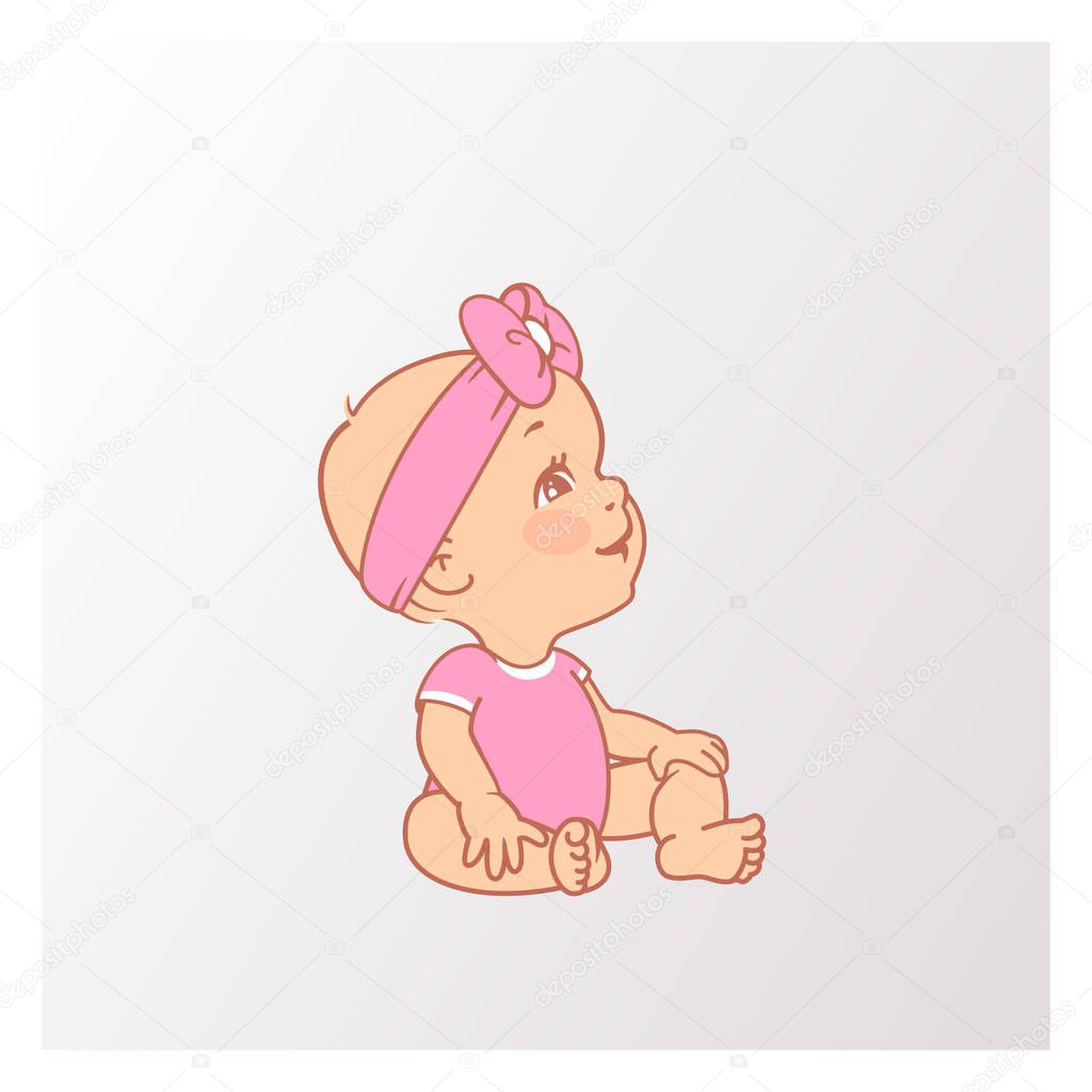 Cute little baby girl wearing pink bow and bodysuit, sitting. 